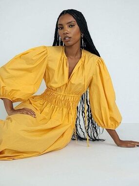 Ciao Lucia Yellow Puff-Sleeve Smocked Midi Dress